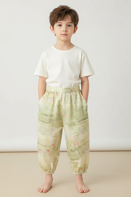 Pantalon Japonais Vert Ample Motif Paysage Floral Enfant - Viscose