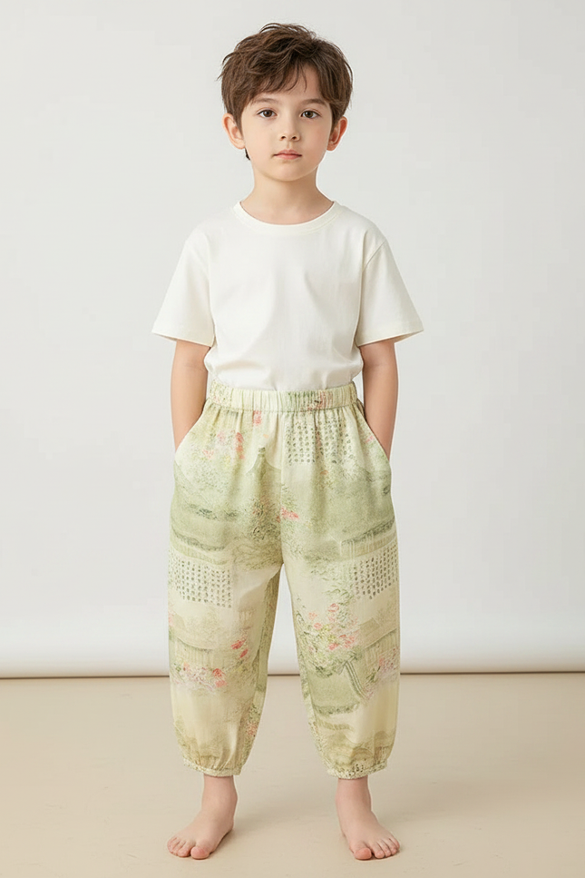 Pantalon Japonais Vert Ample Motif Paysage Floral Enfant - Viscose