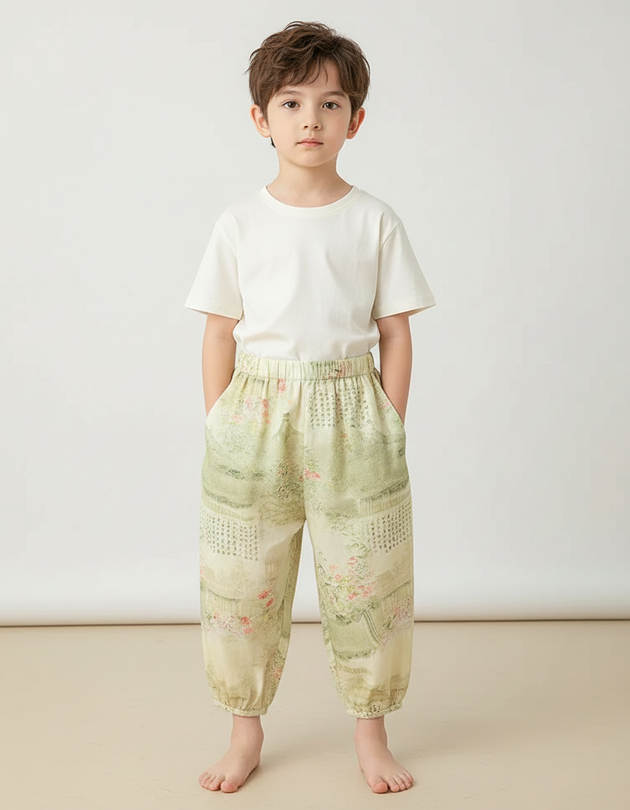 Pantalon Japonais Vert Ample Motif Paysage Floral Enfant - Viscose
