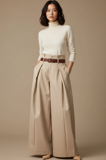 Pantalon Japonais Beige Plissé Ample Taille Haute Élégant - Gabardine