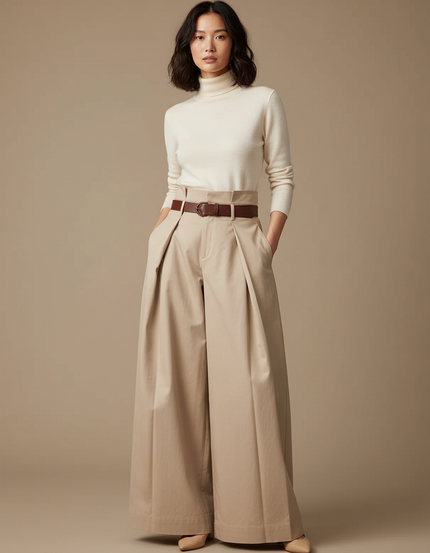 Pantalon Japonais Beige Plissé Ample Taille Haute Élégant - Gabardine