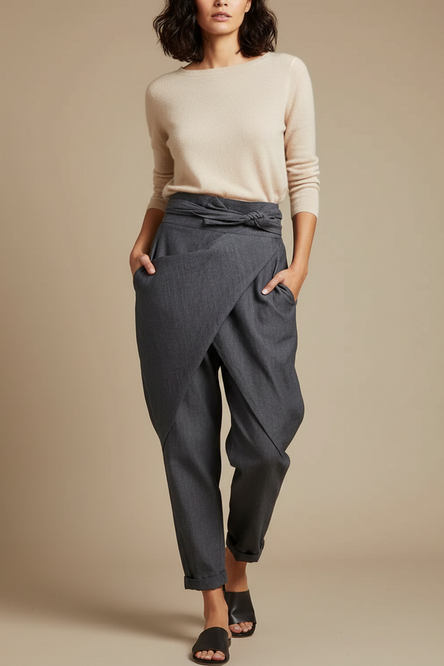 Pantalon Japonais Gris Ample Décontracté Fluide Élégant - Gabardine