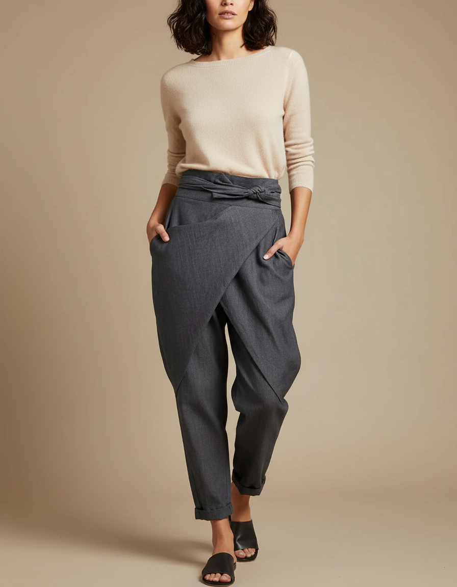 Pantalon Japonais Gris Ample Décontracté Fluide Élégant - Gabardine