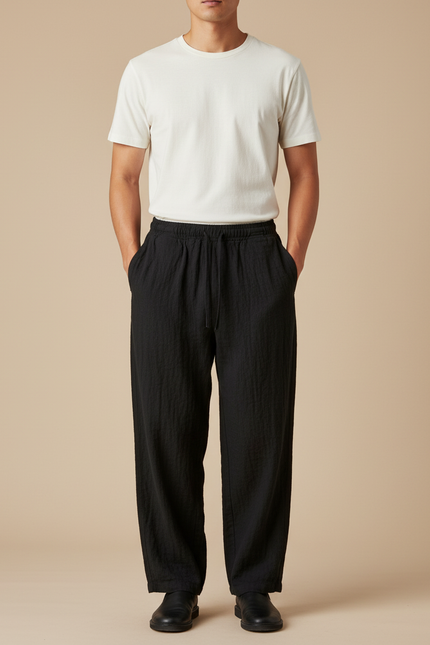 Pantalon Japonais Noir Coton Lin Ample Décontracté Homme