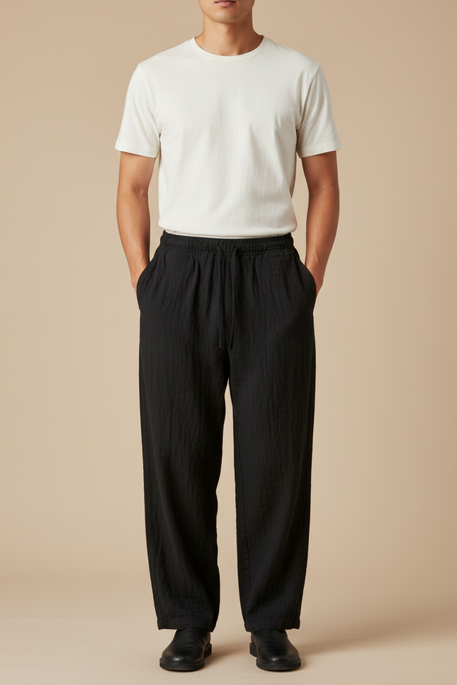 Pantalon Japonais Noir Coton Lin Ample Décontracté Homme