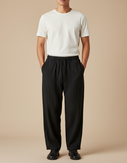 Pantalon Japonais Noir Coton Lin Ample Décontracté Homme