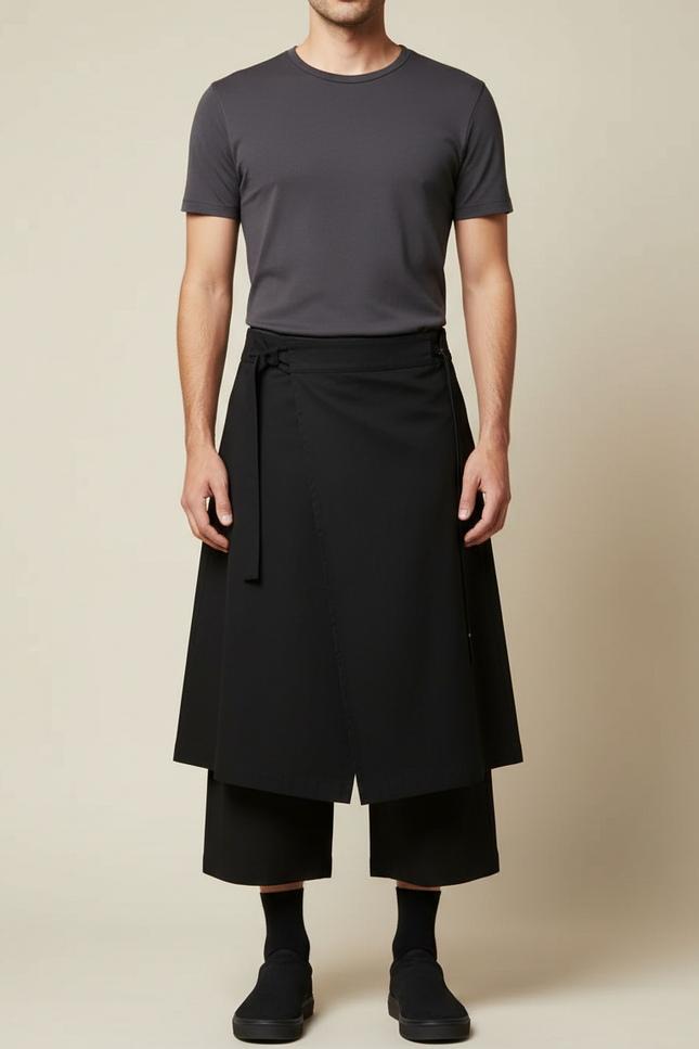 Pantalon Japonais Noir Ample Croisé Ceinturé Coton