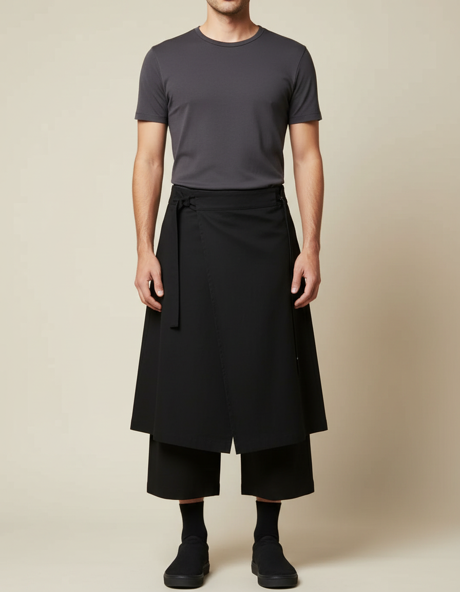 Pantalon Japonais Noir Ample Croisé Ceinturé Coton