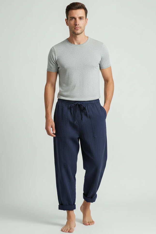 Pantalon Japonais Bleu Marine Lin Ample Sarouel Décontracté Homme
