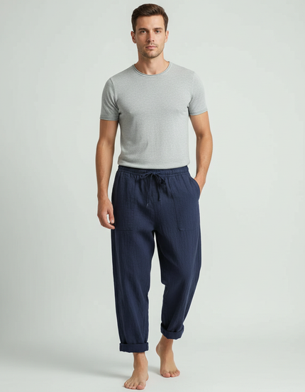 Pantalon Japonais Bleu Marine Lin Ample Sarouel Décontracté Homme