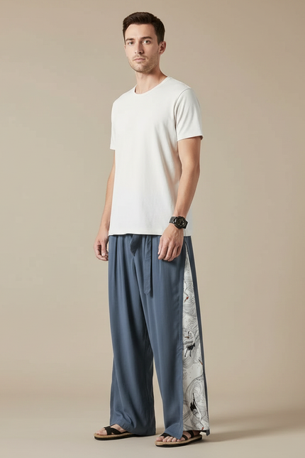Pantalon Japonais Large Bleu Grue Streetwear Homme - Viscose