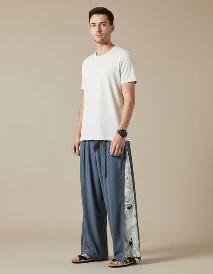 Pantalon Japonais Large Bleu Grue Streetwear Homme - Viscose