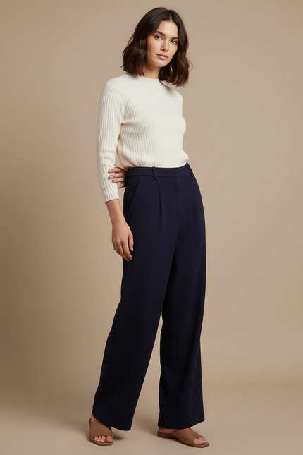 Pantalon Japonais Bleu Marine Plissé Ample Texturé Élégant - Laine
