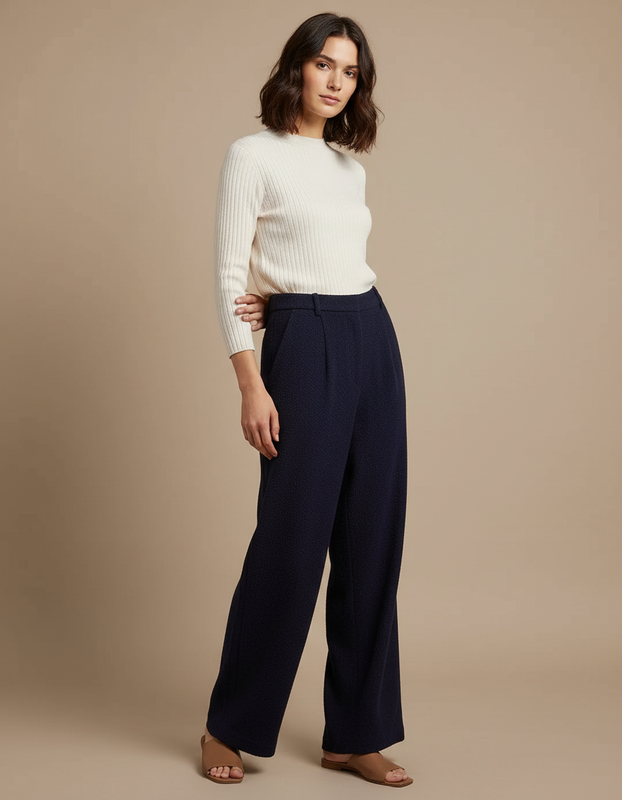 Pantalon Japonais Bleu Marine Plissé Ample Texturé Élégant - Laine