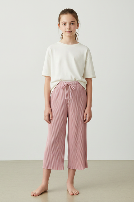 Pantalon Japonais Rose Plissé Ample Décontracté Fille - Maille