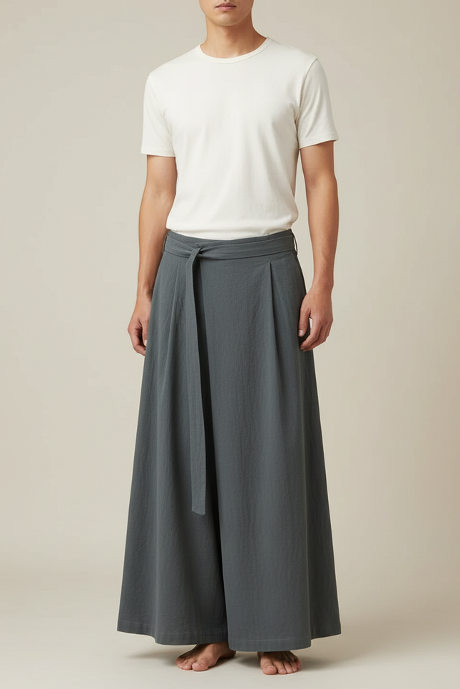 Pantalon Japonais Gris Ample Ceinturé Fluide Homme - Lin