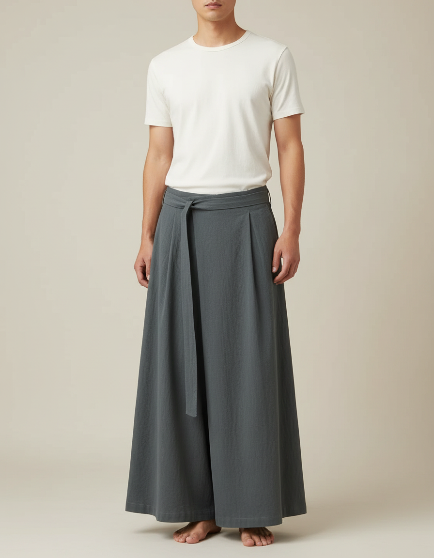 Pantalon Japonais Gris Ample Ceinturé Fluide Homme - Lin