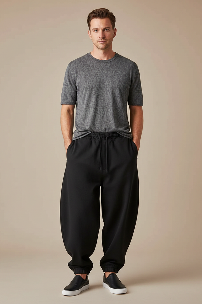 Pantalon Japonais Noir Ample Cordon Décontracté - Molleton
