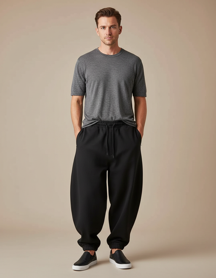 Pantalon Japonais Noir Ample Cordon Décontracté - Molleton