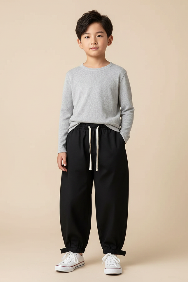 Pantalon Japonais Noir Ample Cordon Décontracté Garçon - Polyester