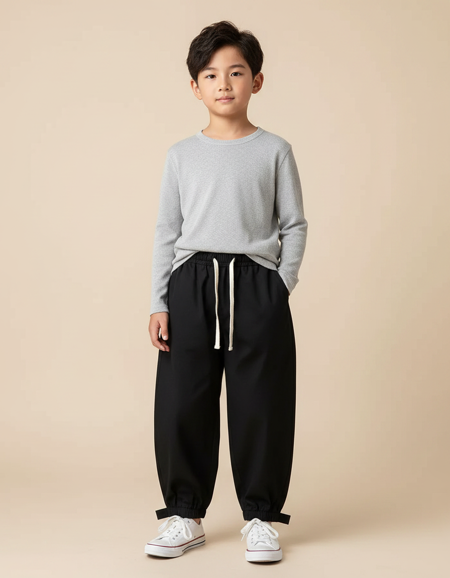 Pantalon Japonais Noir Ample Cordon Décontracté Garçon - Polyester