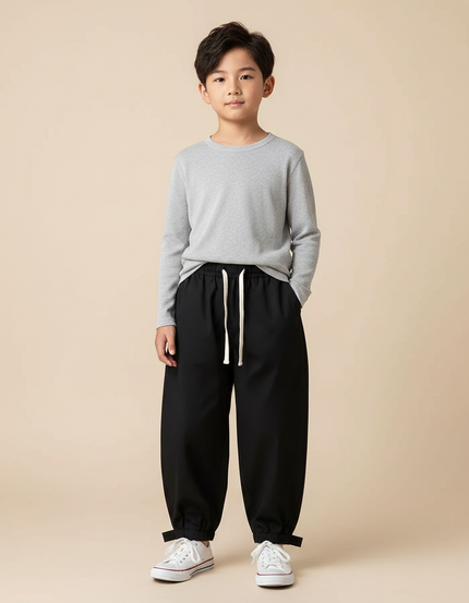 Pantalon Japonais Noir Ample Cordon Décontracté Garçon - Polyester