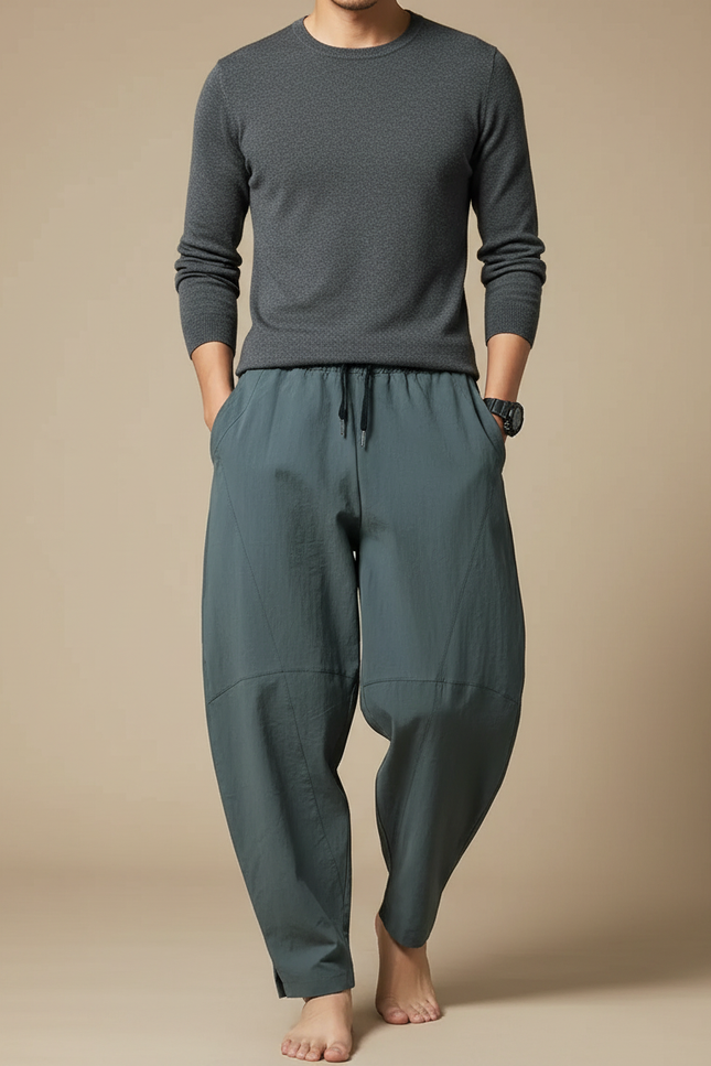 Pantalon Japonais Gris Anthracite Ample Coton Confortable - Bleu