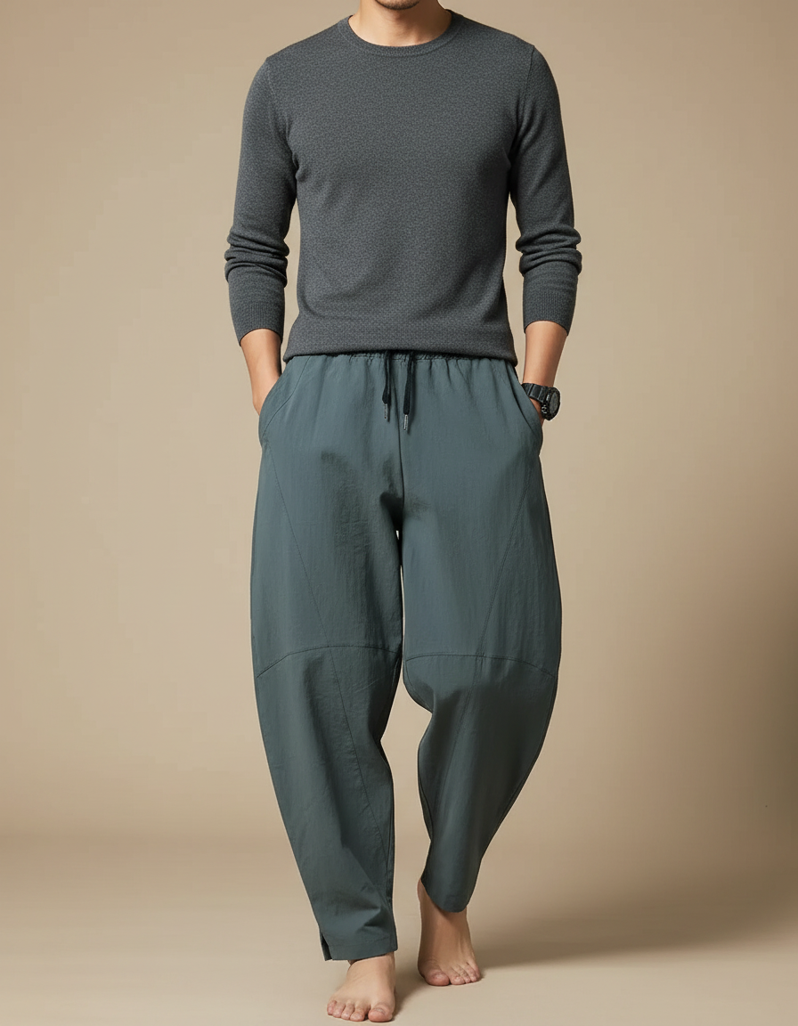 Pantalon Japonais Gris Anthracite Ample Coton Confortable - Bleu