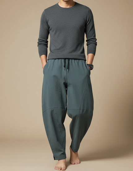 Pantalon Japonais Gris Anthracite Ample Coton Confortable - Bleu