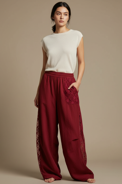 Pantalon Japonais Rouge Ample Dentelle Lin Fluide - Bordeaux