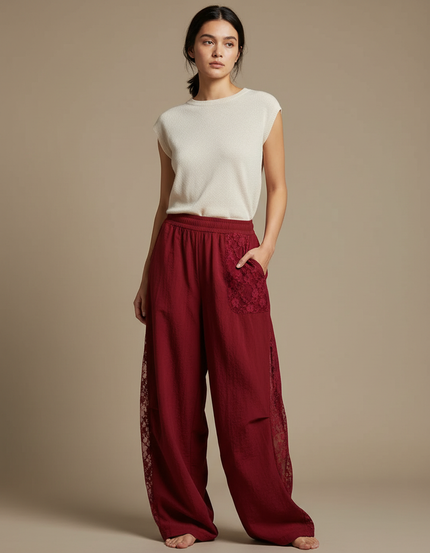 Pantalon Japonais Rouge Ample Dentelle Lin Fluide - Bordeaux