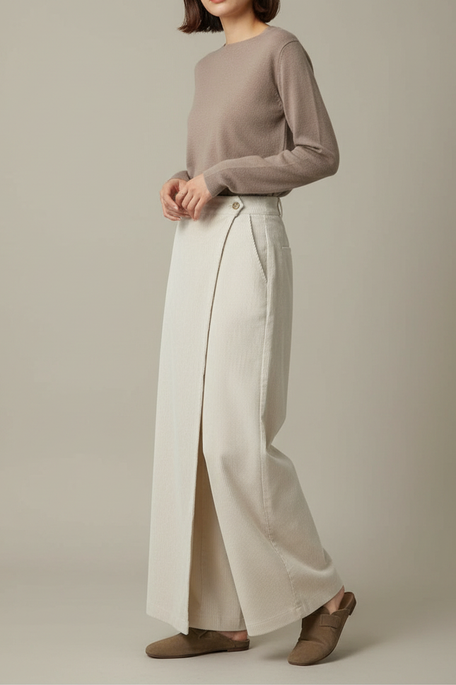 Pantalon Japonais Crème Côtelé Ample Fendu Élégant - Beige Cordé