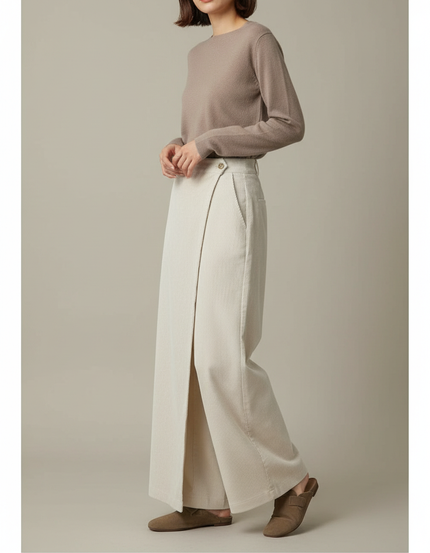 Pantalon Japonais Crème Côtelé Ample Fendu Élégant - Beige Cordé