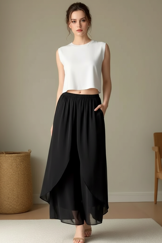 Pantalon Japonais Noir Fluide Chiffon Ample Asymétrique - Polyester
