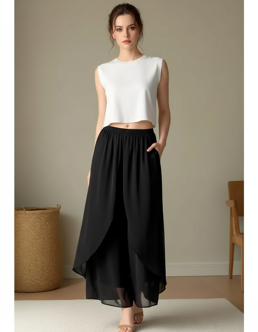 Pantalon Japonais Noir Fluide Chiffon Ample Asymétrique - Polyester