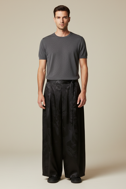 Pantalon Japonais Noir Satin Jacquard Dragon Ample Homme