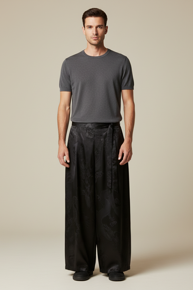 Pantalon Japonais Noir Satin Jacquard Dragon Ample Homme
