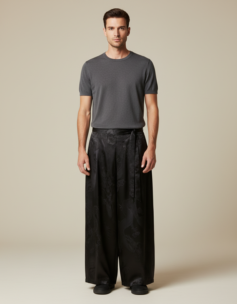 Pantalon Japonais Noir Satin Jacquard Dragon Ample Homme