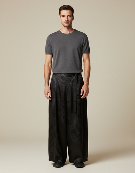 Pantalon Japonais Noir Satin Jacquard Dragon Ample Homme