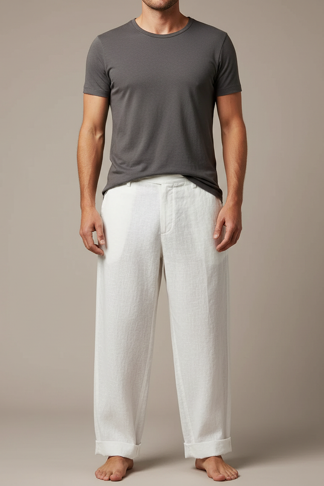 Pantalon Japonais Lin Coton Ample Décontracté Homme - Blanc