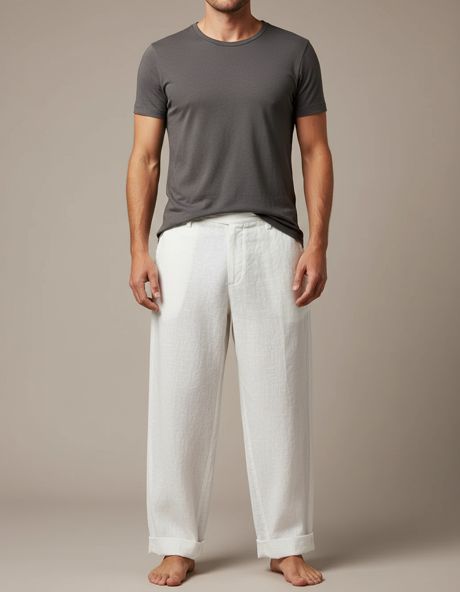 Pantalon Japonais Lin Coton Ample Décontracté Homme - Blanc