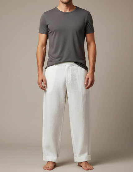 Pantalon Japonais Lin Coton Ample Décontracté Homme - Blanc