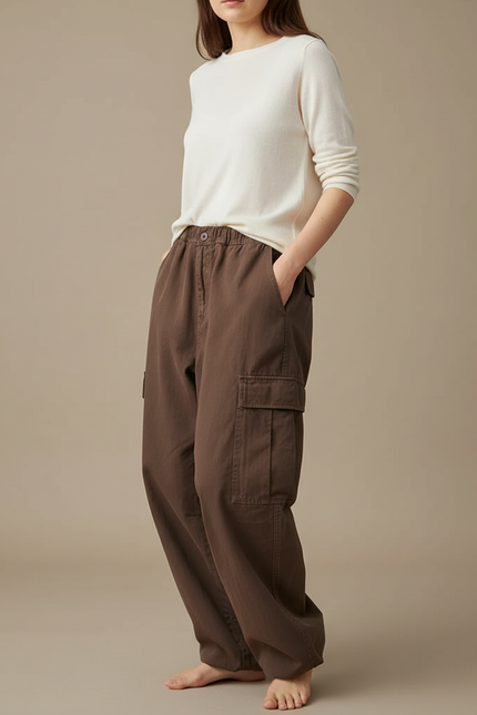 Pantalon Japonais Marron Ample Cargo Coton Femme