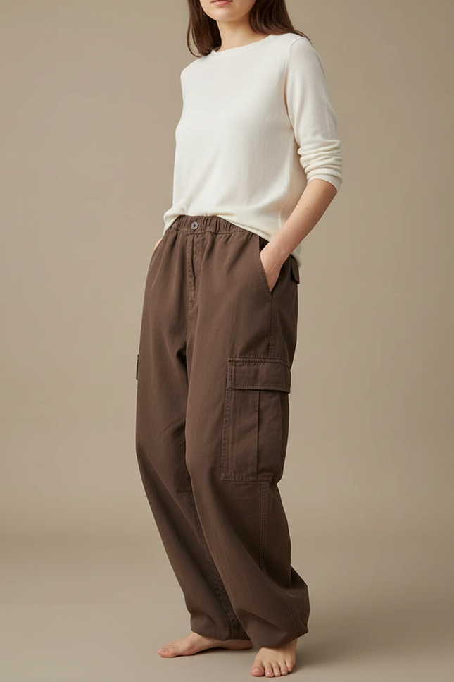 Pantalon Japonais Marron Ample Cargo Coton Femme