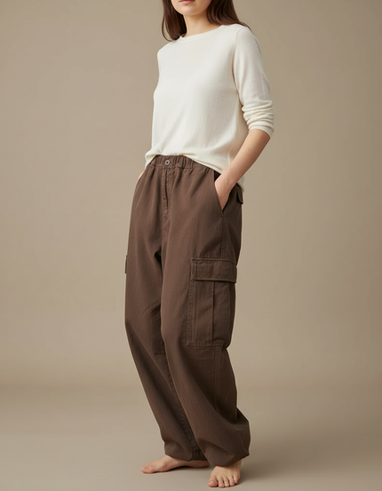 Pantalon Japonais Marron Ample Cargo Coton Femme