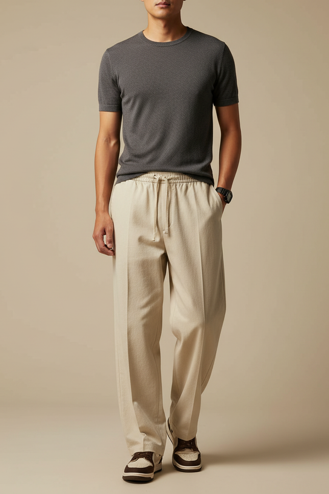 Pantalon Japonais Beige Droit Cordon Décontracté Fluide - Lin