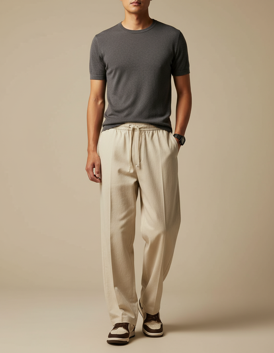 Pantalon Japonais Beige Droit Cordon Décontracté Fluide - Lin