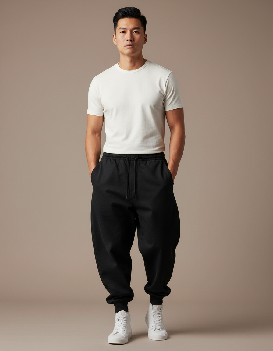 Pantalon Japonais Noir Ample Cordon Streetwear Homme - Molleton
