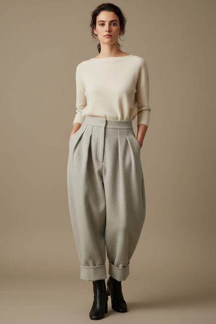 Pantalon Japonais Gris Laine Plissé Ample Femme