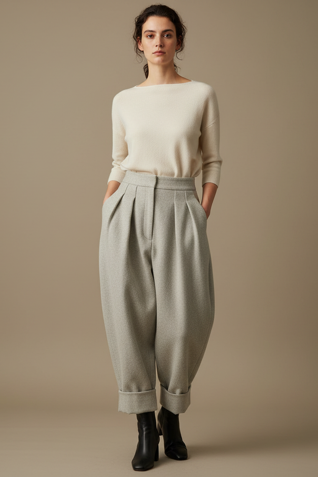 Pantalon Japonais Gris Laine Plissé Ample Femme